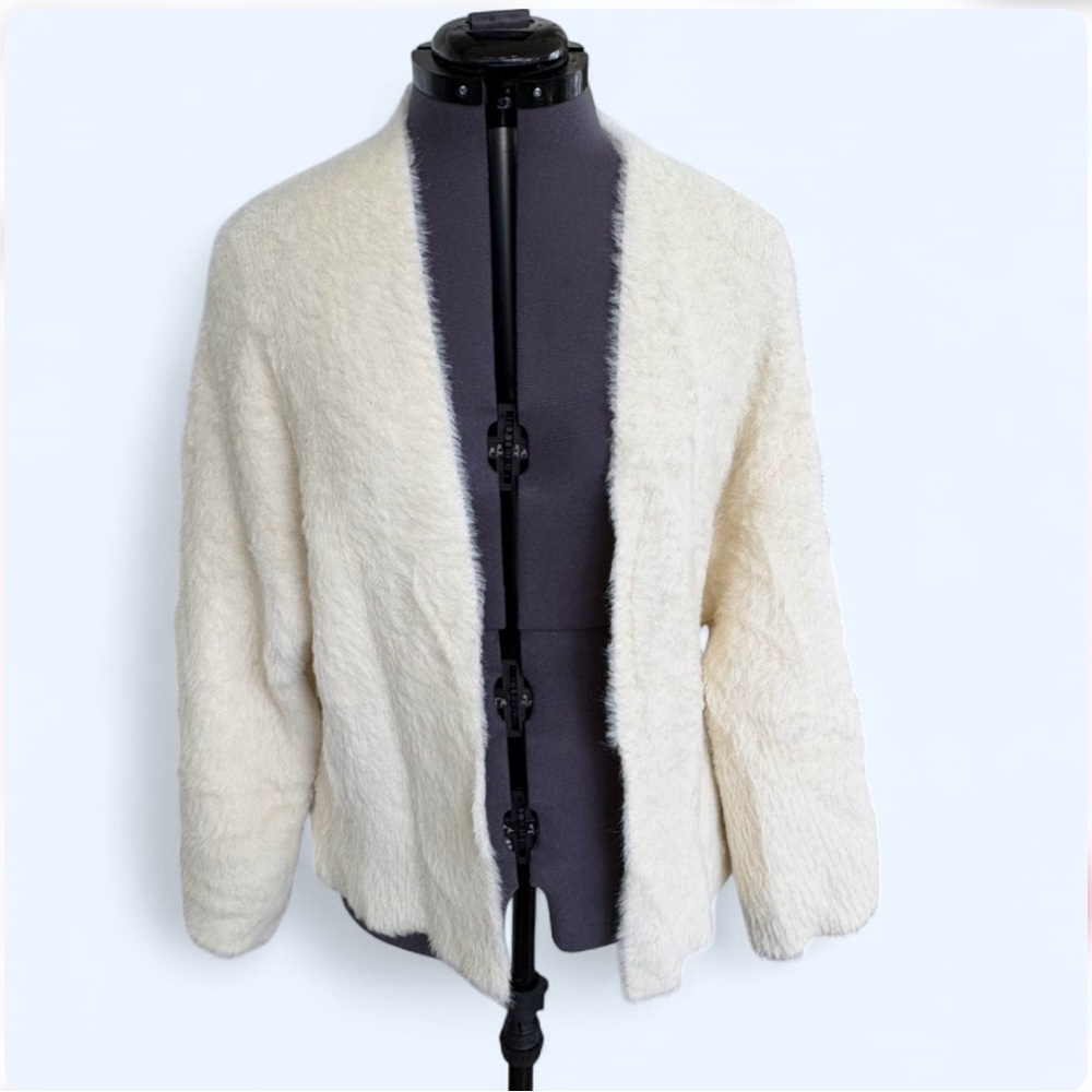 Cozy Open-Front Cream Fuzzy Cardigan Sleeping On Snow